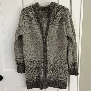 Inis Crafts 100% Wool Irish Knit Hooded Zipper Sweater Grey Tweed Women M